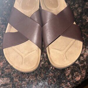 Abercrombie & Fitch Cork Slides Brown Beige Summer Leather Sandals Shoe Mules 11